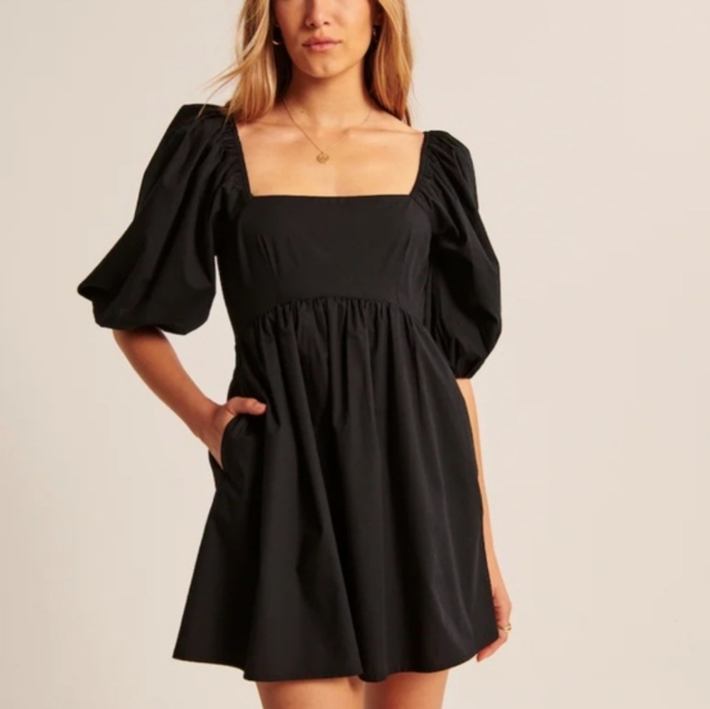 Abercrombie & Fitch Black Puff-Sleeve Square-Neck Mini Dress